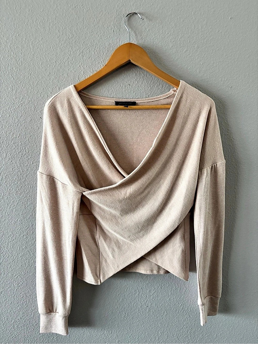 Woven Heart Draped Front Long Sleeve Top Beige